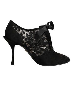Dolce & Gabbana Black Floral High Heels LACE-UPS Pumps Shoes