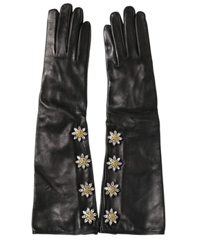 Dolce & Gabbana Black Leather Embellished Long Mitten Gloves