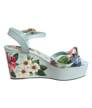 Dolce & Gabbana Green Floral Ankle Strap Wedge Sandals Shoes