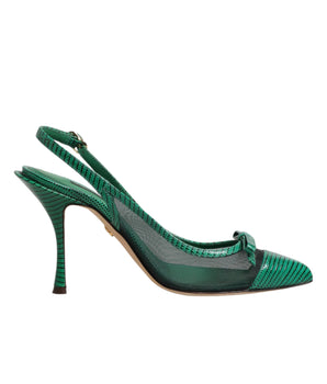 Dolce & Gabbana Green Leather Mesh Heels Slingback  Shoes