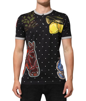 Dolce & Gabbana Black Polka Dot Lemons Horse Henley T-Shirt