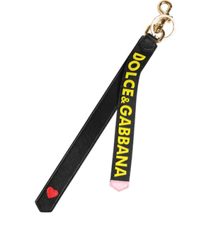 Dolce & Gabbana Black Yellow Logo Letaher Brass Holder Keychain Keyring