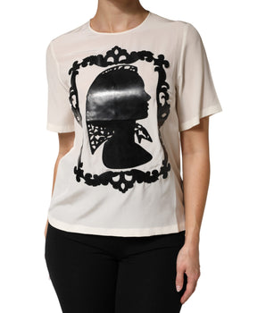 Dolce & Gabbana Cream Silk Silhouette Detail Short Sleeve Top