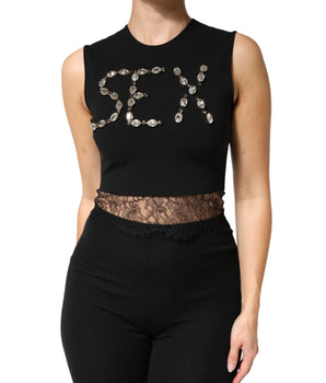 Dolce & Gabbana Black Jersey Lace Ruching Rhinestone Tank Top