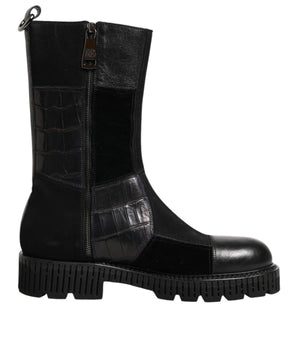 Dolce & Gabbana Black Patchwork Leather Mid Calf Boot  Shoes