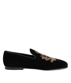 Dolce & Gabbana Black Velvet Gold Crown Mens Loafers Shoes