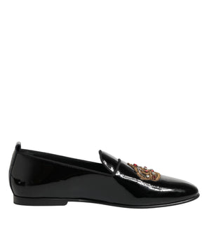 Dolce & Gabbana Black Leather Gold Crown Mens Loafers Shoes