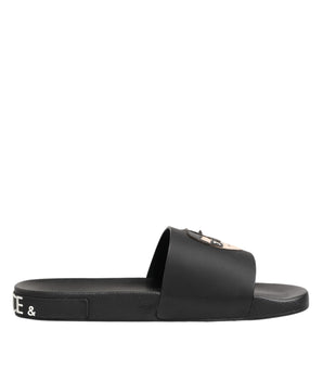 Dolce & Gabbana Black Leather Slides Sandals Beachwear Shoes