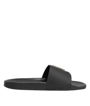 Dolce & Gabbana Black Leather Slides Sandals Beachwear Shoes