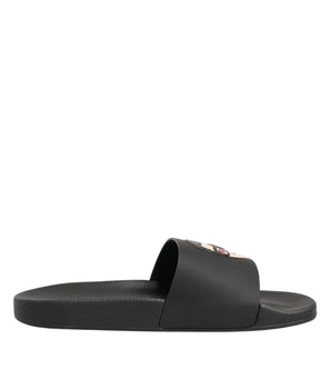 Dolce & Gabbana Black Leather Slides Sandals Beachwear Shoes