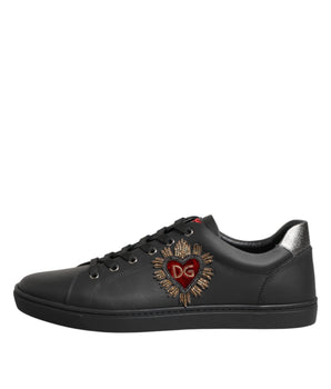 Dolce & Gabbana Black Leather Heart Embellished Sneakers Shoes
