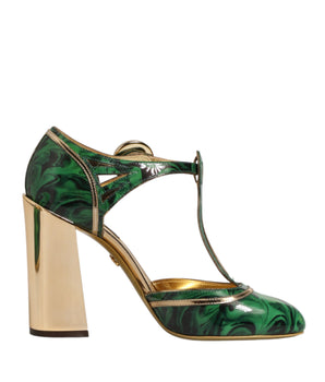 Dolce & Gabbana Green Leather T-STRAPS Heels Sandals Shoes