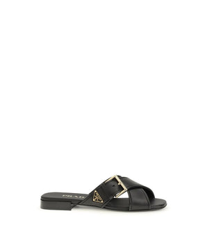Prada Black Calf Leather Bos Taurus Flat Sandals
