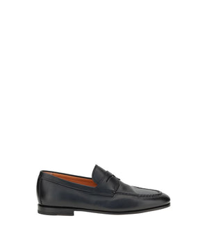 Santoni Black Calf Leather Bos Taurus Slip-On Loafers