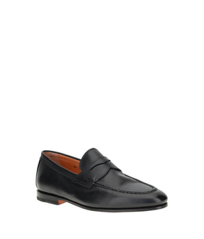 Santoni Black Calf Leather Bos Taurus Slip-On Loafers