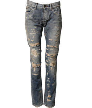 Dolce & Gabbana Blue Tattered Men Skinny Denim Trouser Jeans