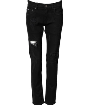 Dolce & Gabbana Black Tattered Cotton Men Skinny Denim Jeans