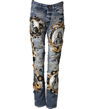 Dolce & Gabbana Blue Ripped Embellished Cotton Denim Jeans