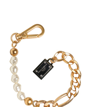 Dolce & Gabbana Gold Tone Brass Faux Pearl Logo Embellish Charm Bracelet