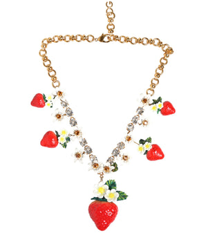 Dolce & Gabbana Gold Brass FRUIT Pendants Flowers Crystal Logo Necklace