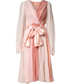 Dolce & Gabbana Pink Silk Tulle Long Sleeve V-neck Dress