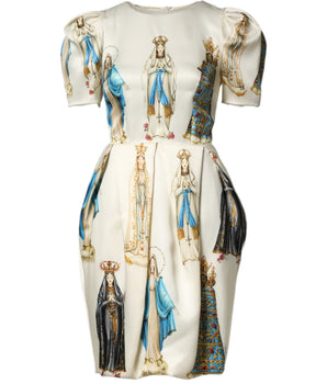 Dolce & Gabbana Beige Madonne Print Silk Short Sleeve Dress