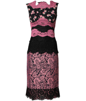 Dolce & Gabbana Black Pink Floral Lace Silk Sheath Dress