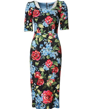 Dolce & Gabbana Black Floral Print Viscose Sheath Midi Dress