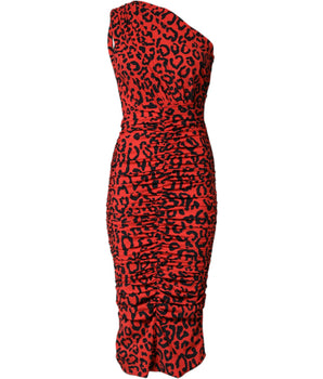 Dolce & Gabbana Red Leopard Print Nylon Sheath Midi Dress
