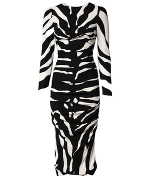 Dolce & Gabbana Black White Zebra Viscose Sheath Midi Dress