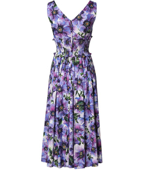 Dolce & Gabbana Purple Anemone Print Pleated Midi Dress