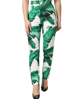Dolce & Gabbana White Green Leaf High Waist Trousers Pants