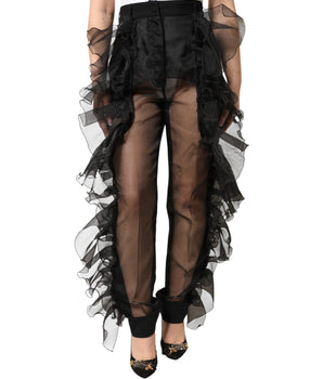 Dolce & Gabbana Black High Waist Tulle Wool Trouser Pants