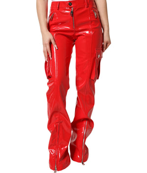 Dolce & Gabbana Red Glossy Polyester Cargo Boot Cut Pants