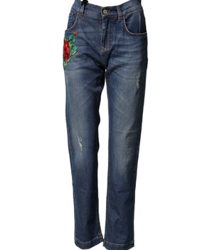 Dolce & Gabbana Blue Floral Embroidered BOYFRIEND Denim Jeans
