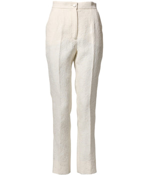 Dolce & Gabbana White Cotton Floral Brocade Dress Pants