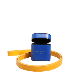 Dolce & Gabbana Blue Yellow Calfskin Leather Logo Strap Men Airpods Case