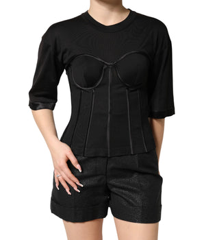 Dolce & Gabbana Black Cotton Bustier Corset Short Sleeves T-shirt