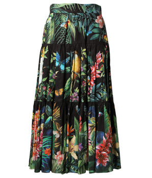 Dolce & Gabbana Black Cotton Floral High Waist Midi Skirt
