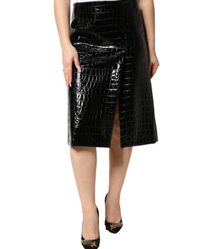 Dolce & Gabbana Black Croc Faux-Leather Mid Waist Midi Skirt