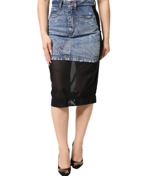 Dolce & Gabbana Blue Black Cotton Denim Sheer Midi Skirt