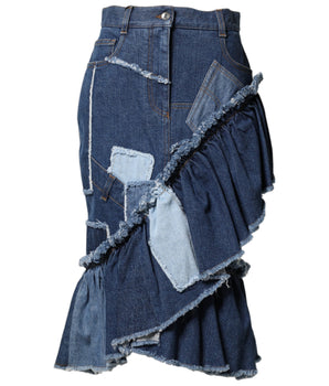 Dolce & Gabbana Blue Patchwork Layered Denim Midi Skirt