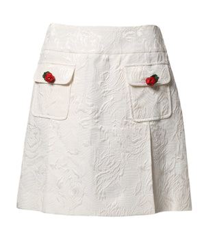 Dolce & Gabbana White Floral Brocade High Waist Mini Skirt