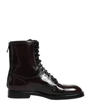 Dolce & Gabbana Black Leather Lace Up Mid Calf Boots Shoes