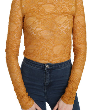 Mangano Mustard Turtle Neck Long Sleeve Lace Top Blouse