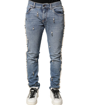 Dolce & Gabbana Blue Embellished Cotton Skinny Denim Jeans
