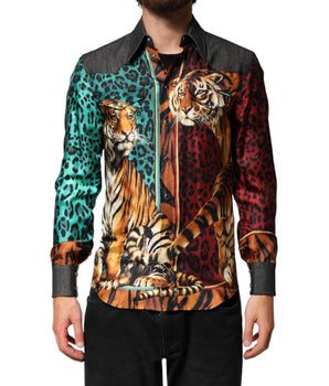 Dolce & Gabbana Multicolor Tiger Leopard Print Silk Men Shirt