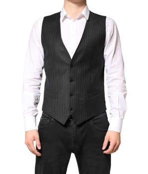 Dolce & Gabbana Black Stripes Wool Dress Men Waistcoat Vest