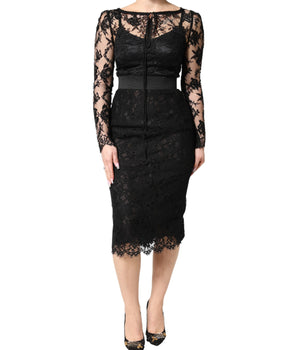Dolce & Gabbana Black Lace Trim Cotton Sheath Midi Dress