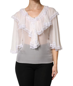 Dolce & Gabbana White Ruffles Lace Long Sleeve Blouse Top